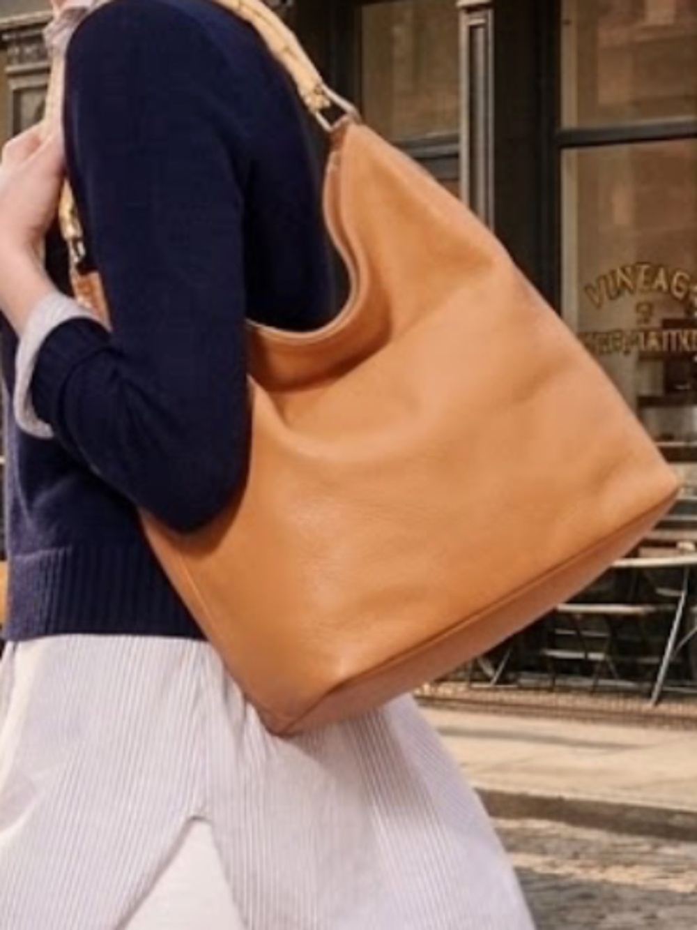 ☀️J. Crew Horn Wood Hobo Bag Genuine Pebbled Leather In Tan Cognac Brown Slouchy